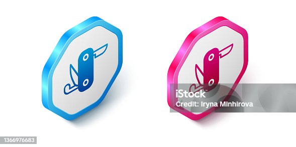 istock Isometric Swiss army knife icon isolated on white background. Multi-tool, multipurpose penknife. Multifunctional tool. Hexagon button. Vector 1366976683