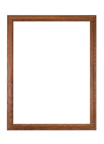 Picture frame in plain brown wood, narrow with wood grain showing, design element against white isolated background.