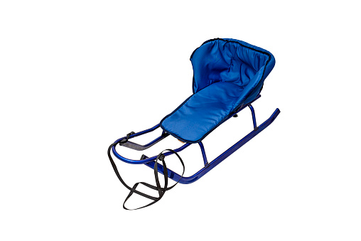 A new blue baby sled with a cover and a black pull cord, isolated on a white background with a clipping path.