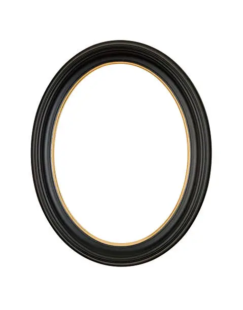 Picture frame black oval in satin finish, gold inner border, design element white isolated. 