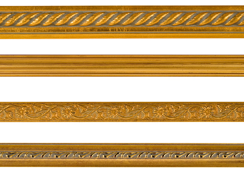 Gold borders and edge design elements isolated on white, repeating patterns in picture frame mouldings.