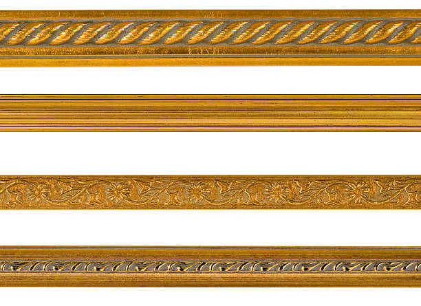 Gold Border and Edge Design Elements, White Isolated Gold borders and edge design elements isolated on white, repeating patterns in picture frame mouldings. moulding trim photos stock pictures, royalty-free photos & images