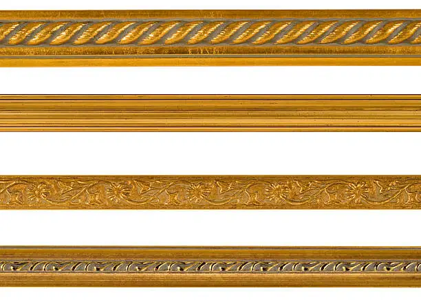 Gold borders and edge design elements isolated on white, repeating patterns in picture frame mouldings.