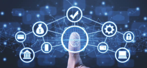 istock Male hand touching to scan fingerprint. Internet banking. 1366978845