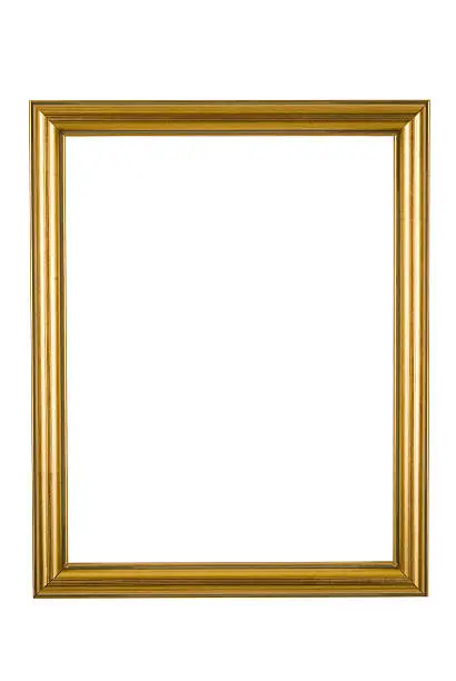Picture frame in narrow gold, smooth shiny finish, isolated on white.