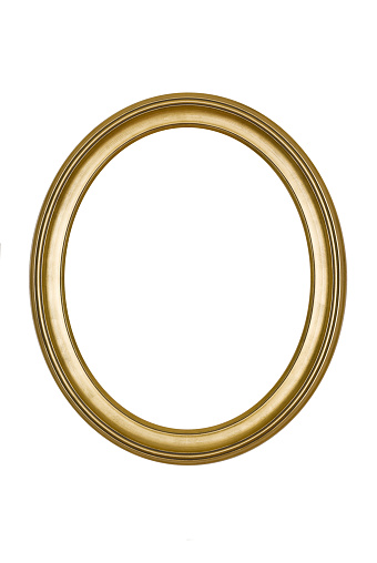 Picture frame gold oval in smooth finish, new and contemporary, isolated on white. 