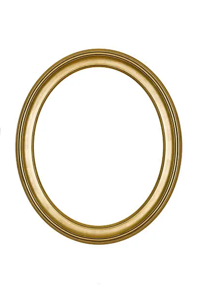 Picture frame gold oval in smooth finish, new and contemporary, isolated on white. 