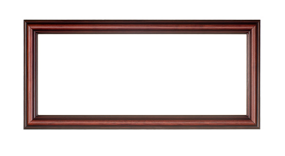 Panoramic picture frame in red brown, long design element isolated on white, studio shot.