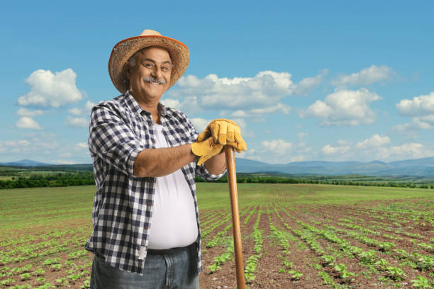 istock Mature farmer with a straw hat leaning on a shovel on a field 1366982193