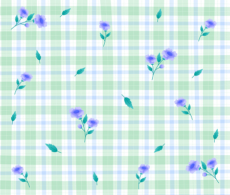 Viola Violet Purple Lilac Flower Green Gingham Patterns Background Editable Stroke. Vector Illustration Tablecloth, Picnic mat wrap paper.