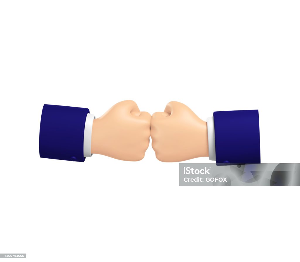 Fist to fist greeting, alternative to shaking hands, fist to fist punch, illustration isolated on white background, 3D rendering Three Dimensional Stock Photo
