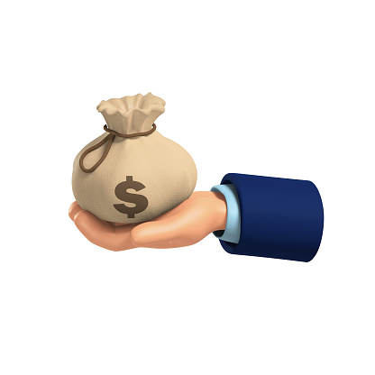 3d hand holding a bag of money with the dollar symbol, isolated illustration on white background, 3D rendering