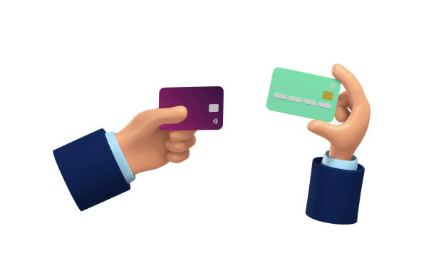 istock Two 3D variations of hands with credit cards isolated on white background, 3D illustration 1366983925