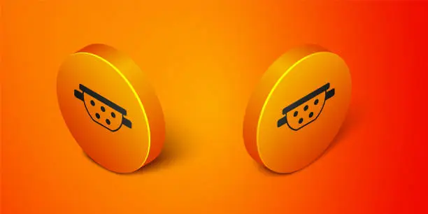 Vector illustration of Isometric Kitchen colander icon isolated on orange background. Cooking utensil. Cutlery sign. Orange circle button. Vector