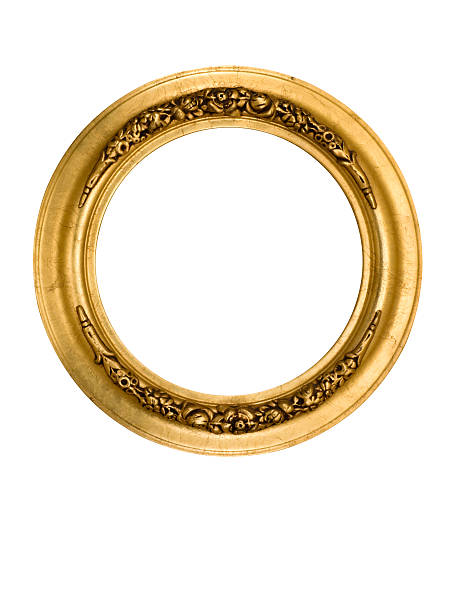 picture frame round circle in gold, fancy, elegant, white isolated - goud metaal fotos stockfoto's en -beelden