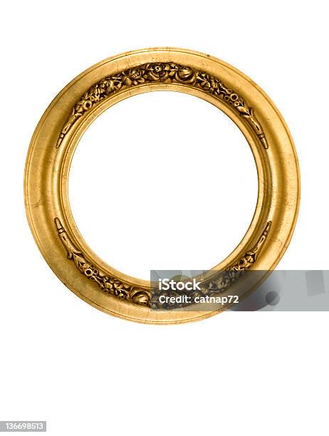 Picture Frame Round Circle In Gold Fancy Elegant White Isolated Stock Photo - Download Image Now