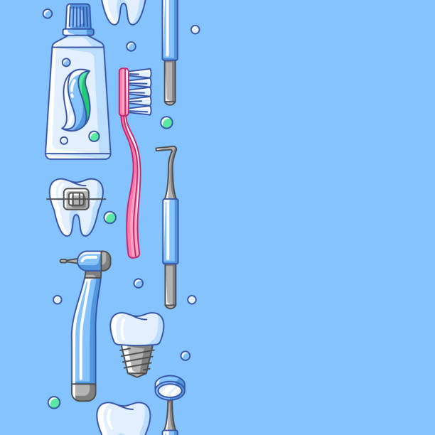 Medical seamless pattern with dental equipment icons. Dentistry and health care background. Medical seamless pattern with dental equipment icons. Dentistry and health care background. Stomatology items. toothbrush toothpaste backgrounds beauty stock illustrations