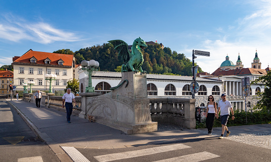 Ljubljana, Slovenia - August 16, 2020: A picture of one of the dragons that decorate the Dragon Bridge.