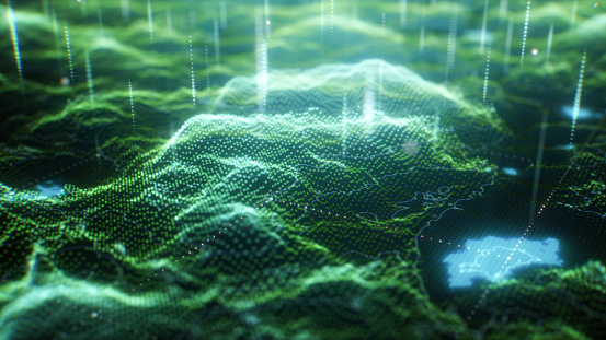 Digital landscape terrain made of dots, grid patterns and particles. There are strains of information being uploaded to the cloud from all over the landscape.