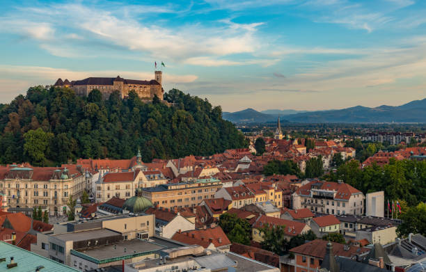 Ljubljana Sunset Ljubljana, Slovenia - August 16, 2020: A picture of the Ljubljana Castle overlooking the city at sunset. ljubljana castle stock pictures, royalty-free photos & images