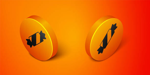 istock Isometric Candy icon isolated on orange background. Merry Christmas and Happy New Year. Orange circle button. Vector 1366987725