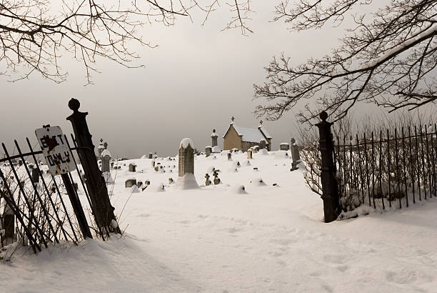Graveyard Entrance in Snowy Overcast Winter Day, Cemetery View stock photo