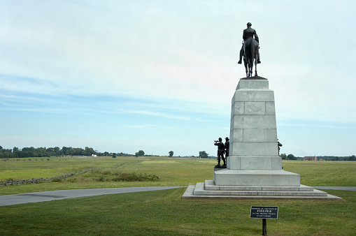 The Virginia Monument facing Union lines on Cemetery Ridge, the site of Pickett's Charge at Gettysburg National Military Park, PA, USA.