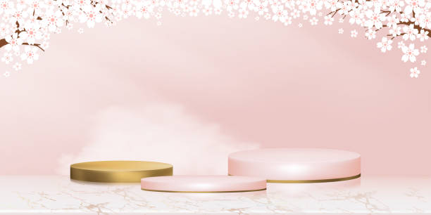 istock Studio room,Golden Podium with Spring Apple Blossom on Pink Sky background,Vector 3D backdrop banner Cylinder Stand platform on Rose gold foil Marble with Blossoming branches pink sakura 1366988991