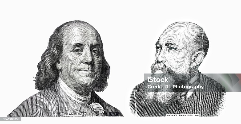 Benjamin Franklin cut on new 100 dollars banknote and Nicolae Iorga cut on old 10000 Romanian lei banknote American One Hundred Dollar Bill Stock Photo
