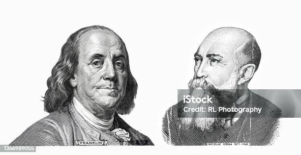 Benjamin Franklin Cut On New 100 Dollars Banknote And Nicolae Iorga Cut On Old 10000 Romanian Lei Banknote Stock Photo - Download Image Now