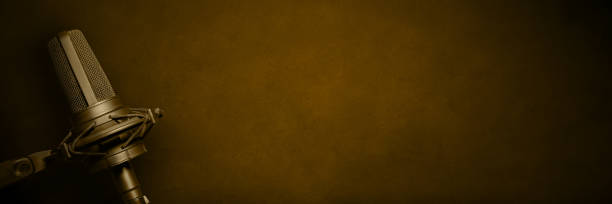 istock Podcast brown microphone background. Vocal studio microphone banner with copy space. 1366990130