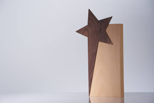 wood material star shape award trophy on gray background