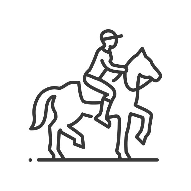 ilustrações de stock, clip art, desenhos animados e ícones de horse riding - vector line design single isolated icon - horseback riding illustrations