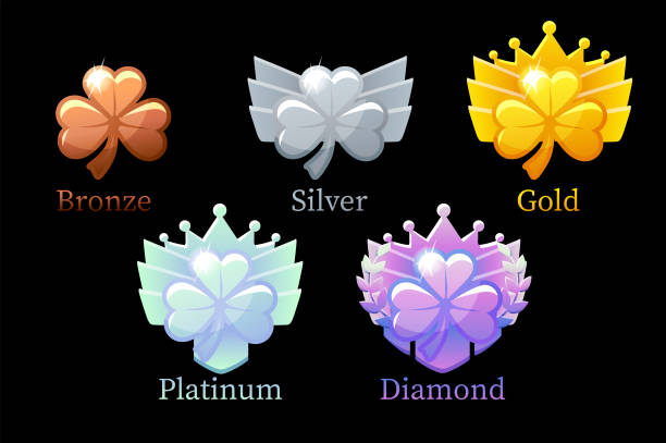 belohnungen, gold, silber, platin, bronze, diamant irish clover für das spiel. - medal platinum gold silver stock-grafiken, -clipart, -cartoons und -symbole