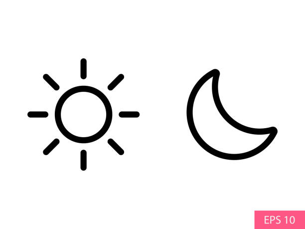 stockillustraties, clipart, cartoons en iconen met sun and half moon vector icon in outline style design for website design, app, ui, isolated on white background. editable stroke. day light mode or night dark mode concept. eps 10 vector illustration. - zon