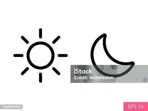istock Sun and Half Moon vector icon in outline style design for website design, app, UI, isolated on white background. Editable stroke. Day light mode or Night dark mode concept. EPS 10 vector illustration. 1366996265