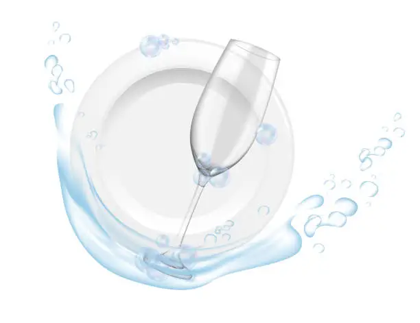 Vector illustration of Clean plate and glass wines with water splash home or restaurant dishwashing vector illustration realistic style on white background