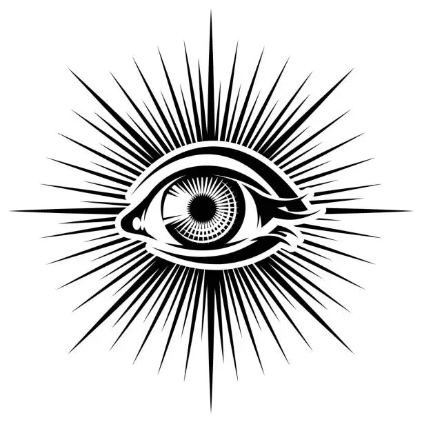 Vector illustration of All-seeing eye. Masonic sacred symbol. Stylized female eye. Vector monochrome illustration. Template, element for design