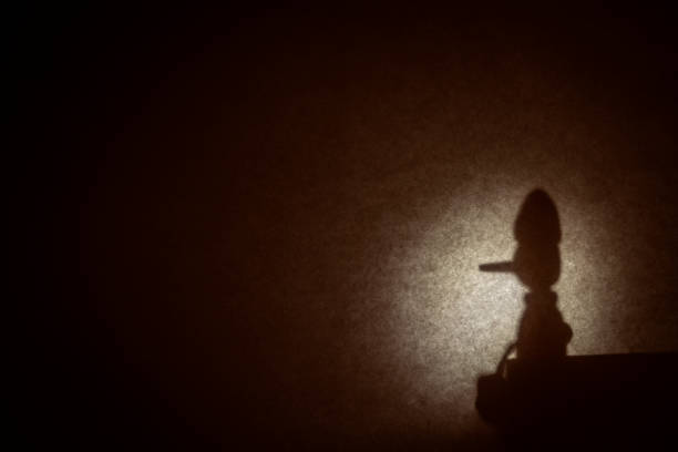 silhouette von pinocchio, der mit einem mond dahinter sitzt. - pinocchio stock-fotos und bilder