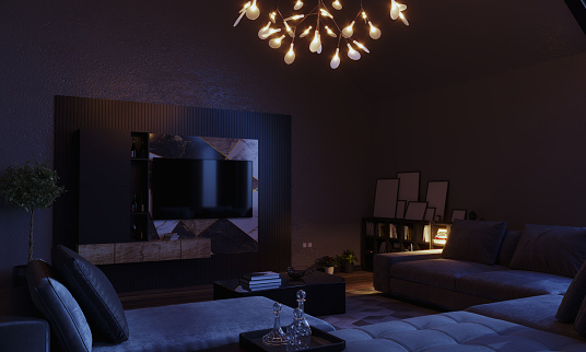 Luxury Interior living room in the evening. (3d render)