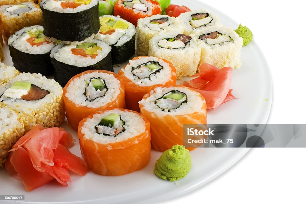 Plate of several varieties of sushi Photo of a rolled and sushi Asia Stock Photo