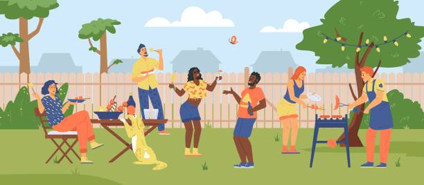 neighbors and friends have barbecue party outside at the backyard on summer day. people cook and eat grill food, vector. - backyard stock illustrations