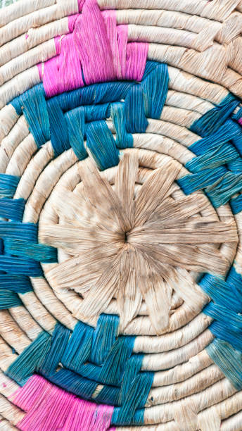 istock Blue and pink textil ornaments in wicker mat 1367001133