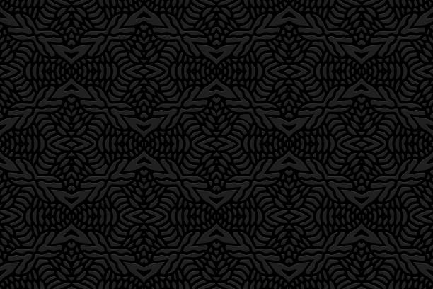 istock Embossed black background, vintage cover design, shaped art deco style. Geometric monochrome 3D pattern, hand drawn style. Ethnic creativity. 1367001520