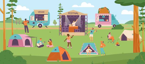 夏のオープンエアミュージックキャンプフェスティバルの背景、フラットベクトルイラスト。 - テント イラスト点のイラスト素材／クリップアート素材／マンガ素材／アイコン素材