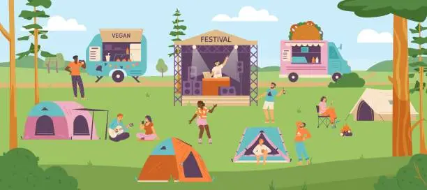 Vector illustration of Summer open air music camping festival background, flat vector illustration.