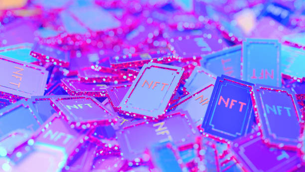 Modern technology illustration with heap of abstract stylized NFT tokens Stylized glowing multicolored digital background with low-poly pixelated abstract tokens, high detailed 3D rendered close-up view non fungible token stock pictures, royalty-free photos & images