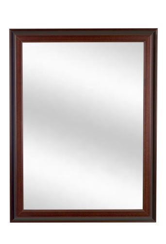 Mirror in narrow brown plain picture frame isolated on white, digital glass insert, composite image.