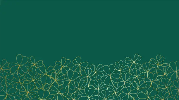 Vector illustration of Luxury elegant line art background golden clover leaves on emerald green background with copy space