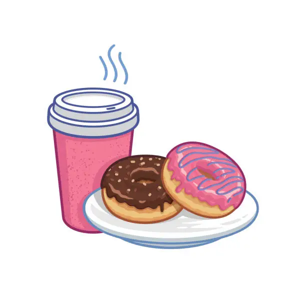 Vector illustration of coffee and pink donuts